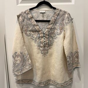 J. Jill Cream and Blue Paisley Popover V-neck Linen Tunic